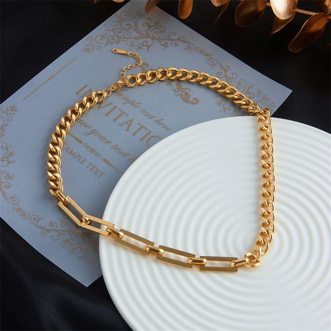 Mode Asymmetrische Splicing Ketting Halsketting Titanium Staal Verguld Cuban Link Paperclip Link Punk Hip Hop Sieraden Voor Dames