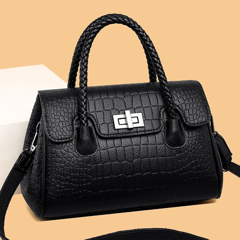 Crocodile Pattern Handbag PU Leather Embossed Braided Handle Crossbody Bag With Twist Lock For Women Daily Elegant