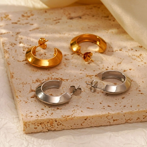 French Vintage C-Shape Hoop Earrings Stainless Steel 18K Gold Plated Polished Geometric Minimalist Jewelry For Women
