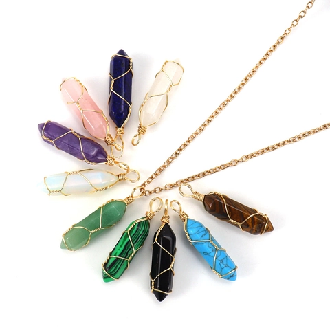 Natural Stone Crystal Hexagonal Column Pendant Necklace Gold Wire Wrapped Handmade Gemstone Jewelry For Women Men