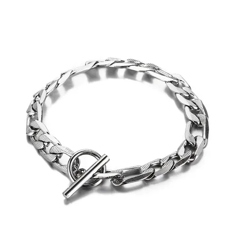 Stainless Steel Bracelet With OT Toggle Clasp Textured Figaro Chain For Men And Women Silver Color Fashion Trendy