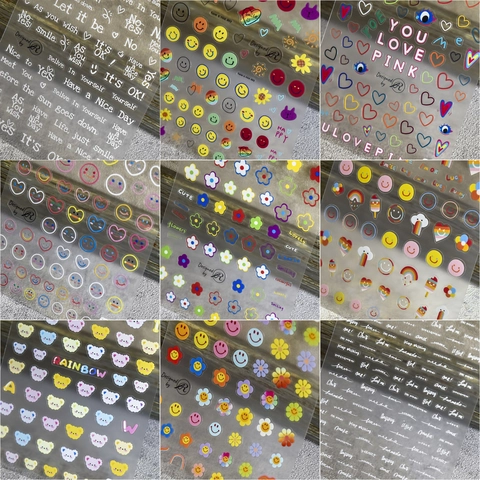 Nail Art Stickers Ultra Thin Tough Transparent PET Smiley Face Heart Bear Letter Cartoon DIY Manicure Decals