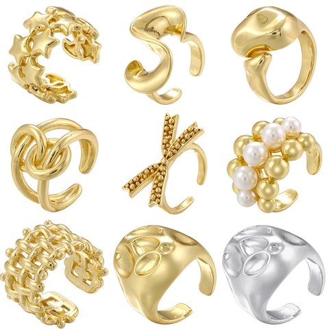 Anillo Abierto Geométrico Irregular Estrella Retorcido Martillado para Mujer Vintage Malla Tejida Latón Anillo Ajustable Perla Artificial Joyería de Moda