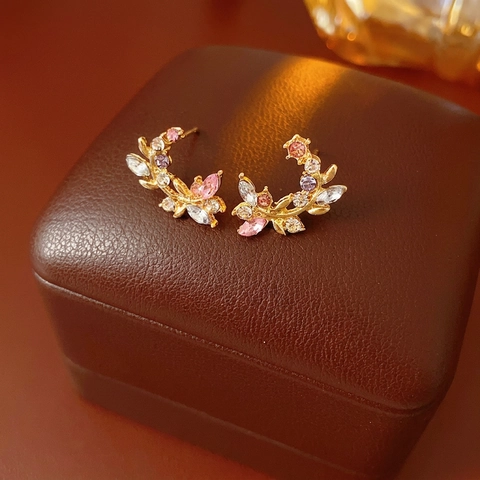 Branch Leaf Rhinestone Stud Earrings With Silver Earring Post Vintage Floral Gold Tone Alloy Jewelry For Women