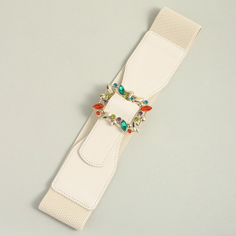 Women Wide Elastic Waist Belt Rhinestone Buckle Colorful Gem Decorative Faux Leather Stretching Waistband For Dresses