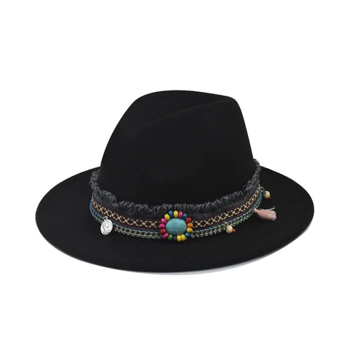 Bohemian Wide Brim Fedora Hat Ethnic Woolen Felt Jazz Hat Decorative Band Turquoise Look Beads Tassels Unisex Outdoor Travel Sun Protection Hat
