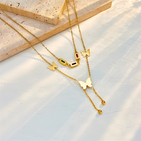 Collana a Strati in Oro Vintage Con Ciondolo a Farfalla e Nappina Strass Colorati Catena per Clavicola in Acciaio al Titanio Gioielli Donna