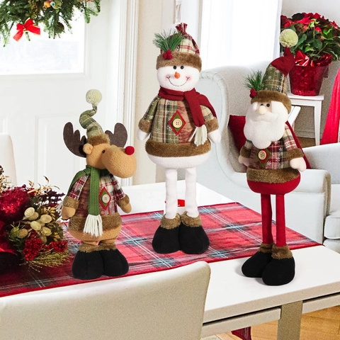 Christmas Plush Doll With Telescopic Legs Santa Snowman Reindeer Plaid Knit Outfit Home Holiday Party Desktop Decoration Gift