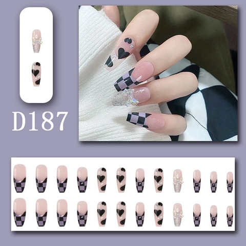 Long Ballerina Press On Nails Checkerboard Black Heart Rhinestone 3D Butterfly Sparkly Y2K False Nails Women