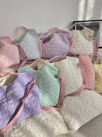 Quilted Heart Pattern Tote Bag Polyester Shoulder Crossbody Handbag Macaron Color Multi Carry Casual Sweet Style