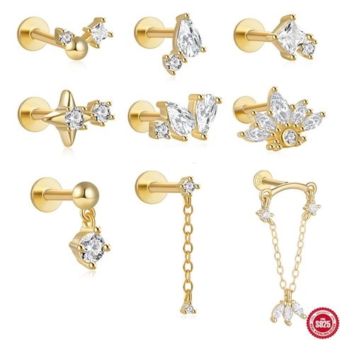 Orecchini Per Cartilagine In Zirconia Con Perno In Argento Sterling 925 Retro Piatto Filettato Gioielli Piercing Labret