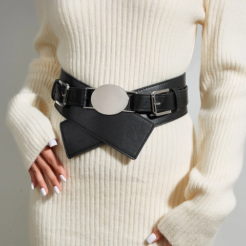 Damen Breiter Korsettgürtel PU Leder Verstellbare Doppelte Schnalle Ovales Metall Vintage Mode Taillengürtel