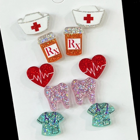 Medizinische Themen Ohrstecker Glitzer Acryl Krankenschwester Hut Zahn Rx Flasche Herzschlag Schmuck Für Krankenschwester