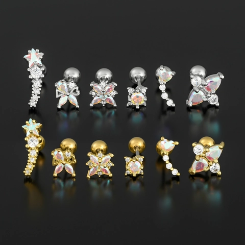 Messing Kraakbeen Stud Oorbellen Met Gekleurde Zirkonia En Synthetische Opaal Hart Ster Piercing Sieraden Voor Dames Chic