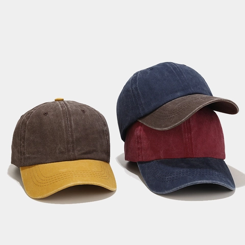 Retro Washed Cotton Baseball Cap Vintage Color Block Patchwork Peaked Sun Hat Adjustable Casual Headwear
