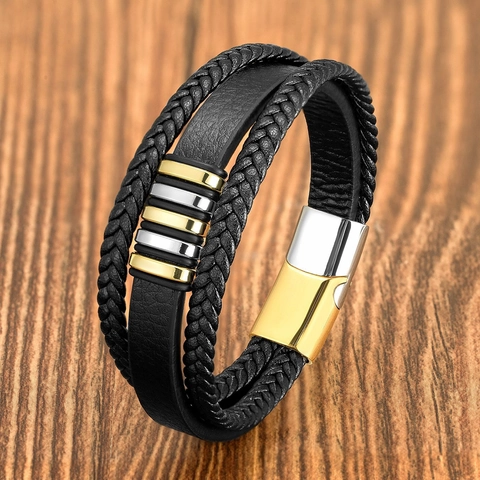 Bracciale In Pelle Multistrato Da Uomo Cordino Intrecciato Chiusura Magnetica In Acciaio Inossidabile Stile Punk Vintage