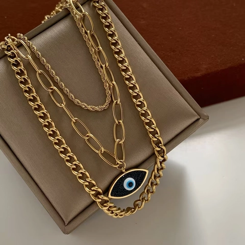Evil Eye Anhänger Edelstahl Mehrlagige Halskette Geschichtete Kette Paperclip Curb Seil Schmuck Für Frauen Mode