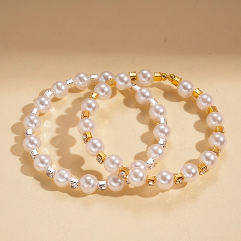 Elegante Pulsera De Perlas Artificiales Con Separadores De Cobre Y Diamantes De Imitación Para Mujer Joyería Minimalista
