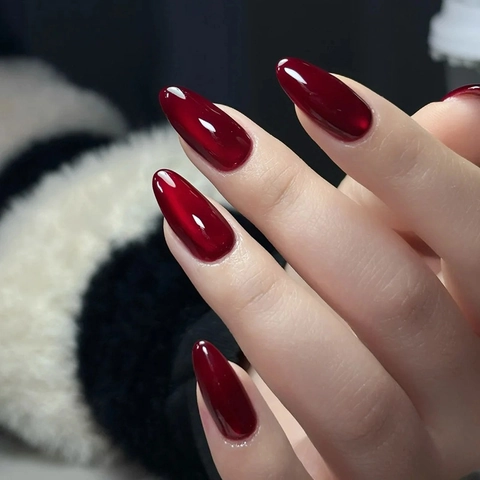 Unghie Finte Press On Occhio Di Gatto Rosso Vino Forma Mandorla Lunga Lucida ABS Unghie Artificiali Per Donne Manicure