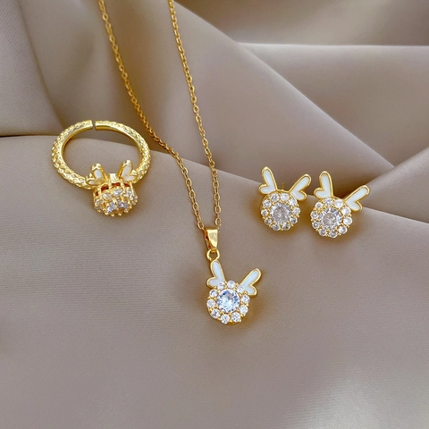 Vergulde Roestvrijstalen Konijn Hanger Ketting Oorknopjes En Ring Sieraden Met Zirkonia En Emaille