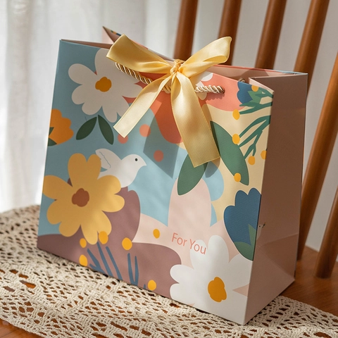 Bolsas De Papel Para Regalo Con Estampado Floral Lazo De Cinta Y Asas Trenzadas Bolsa De Cartón Blanco Para Bodas Fiesta
