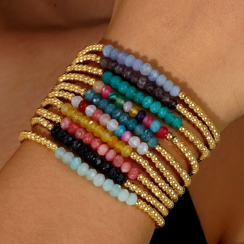 Golden Copper Round Beads Bracelet With Multi Color Faceted Gemstones Handmade Minimalist Jewelry For Women