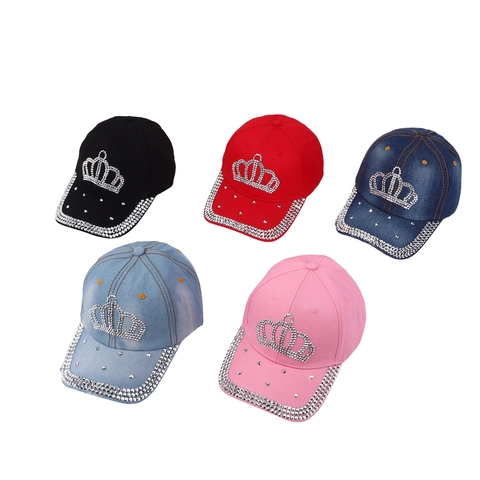 Fashion Women Rhinestone Crown Baseball Cap Cotton Denim Adjustable Sun Hat Sparkly Crystal Distressed Trucker Hat