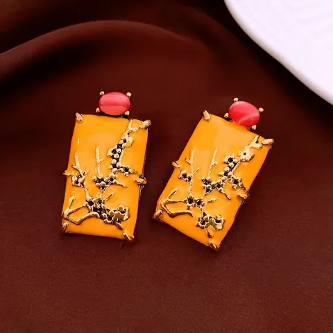 Boucles D'oreilles Pendantes Rectangulaires Vintage Avec Tige En Argent Alliage Émail Motif Floral Style Oriental