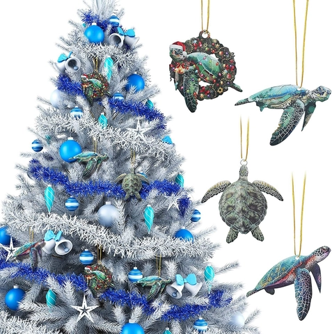 Sea Turtle Christmas Ornaments Acrylic Flat Hanging Decoration For Car Rearview Mirror Ocean Starry Sky Theme Holiday Decor