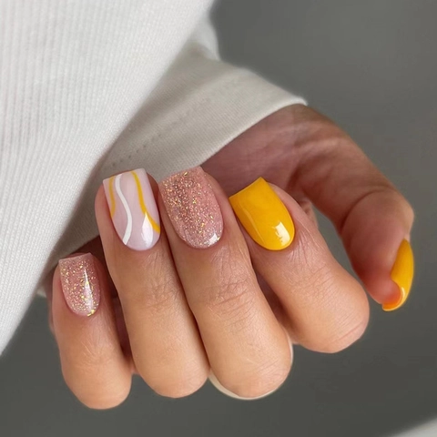 Press On Nails Vibrant Orange Striped Pink Glitter Square Medium Artificial Fake Nails For Women