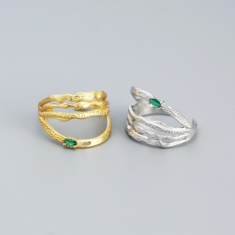 Anello Aperto In Argento Sterling 925 Donna Regolabile Multistrato Texture Corteccia Albero Zircone Verde Gioielli