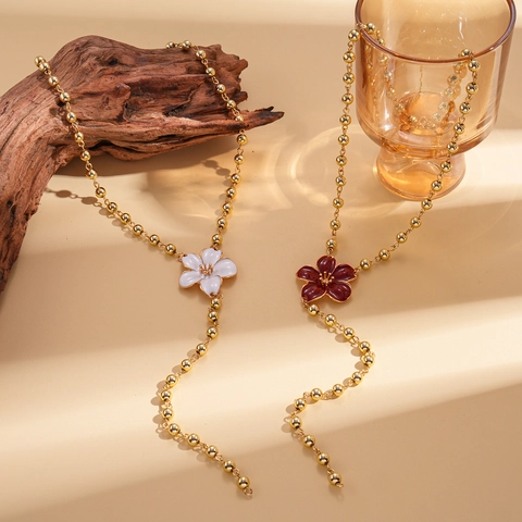 Collana Pendente Fiore Lega Catena Perline Forma Y Smalto Vintage Elegante Gioielli Per Donne