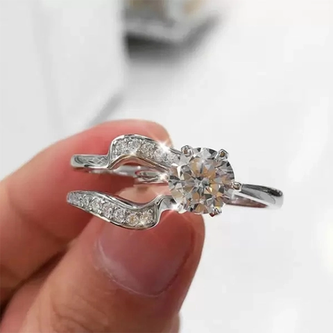 Elegant Copper Zircon Wedding Bridal Jewelry Round Brilliant Cut Main Stone And Wave Curved Design Eternity Bands