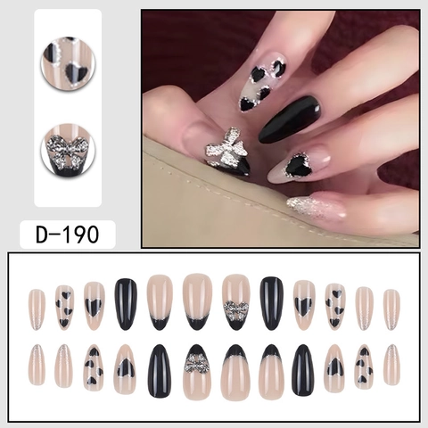 Uñas Postizas de Almendra Estilo Oscuro Con Mariposa de Plata Aleación Corazón Strass Negro Brillo Uñas Para Mujer Decoración de Uñas