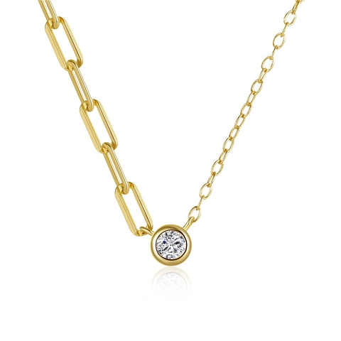 925 Sterling Silber Asymmetrische Büroklammer Und Gliederkette Halskette Mit Rundem Zirkonia Anhänger Minimalistischer Schmuck