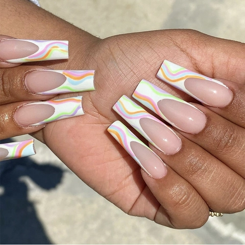 Uñas Postizas Largas Forma Ataúd Press On Líneas Onduladas Arcoíris Francés Macaron Uñas Coloridas Para Mujeres Arte De Dedos Moda