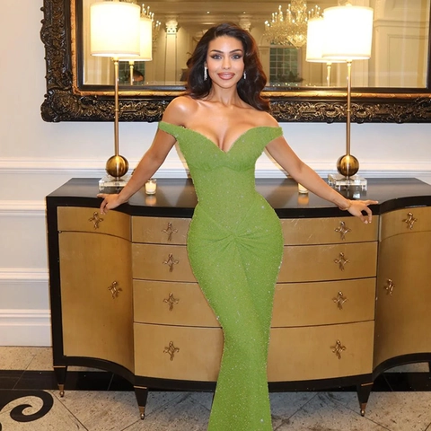 Vestido De Noche Con Lentejuelas Y Hombros Descubiertos Para Mujer Maxi Ajustado Sirena Sin Mangas