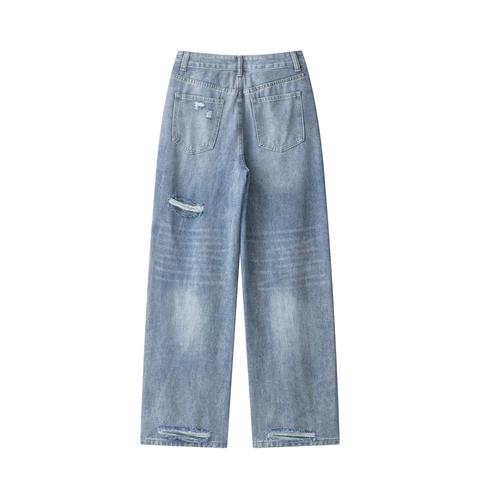 Vaqueros Rectos De Cintura Alta Para Mujer Rasgados Pantalones De Mezclilla De Algodón Lavado Azul Claro Casual