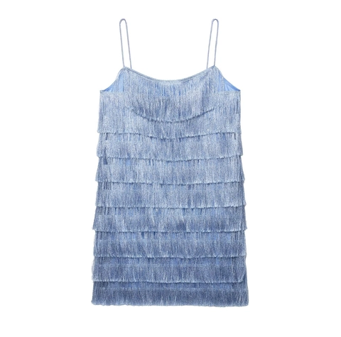 Light Blue Polyester Fringe Cami Mini Dress Sleeveless Multi Layer Tassel Spaghetti Strap Elegant Vacation Party
