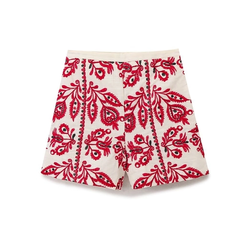 Short Brodé Taille Haute Femmes Mélange Coton Ethnique Floral Bohème Décontracté Vacances
