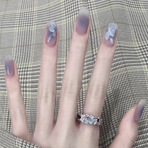 Press On Nails Artificial False Nails Ombre Blue Gray Gradient Flower Camellia Pattern Shiny Detachable With Glue