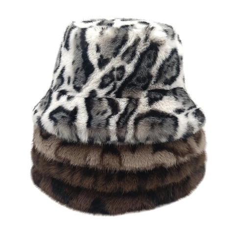 Leopard Print Faux Fur Bucket Hat For Women Winter Warm Plush Basin Cap Animal Pattern Fashion Accessories