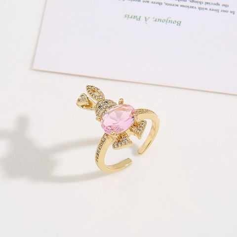 Niedliche Kaninchen Tier Offener Verstellbarer Ring Gold Vergoldetes Kupfer Rosa Zirkon Mikro Pave Zirkonia Mode Schmuck