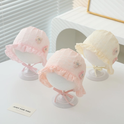 Chapeau De Soleil En Dentelle Pour Bébé Fille Respirant À Volants En Filet Bonnet Avec Sangle Réglable Fleur 3D Été