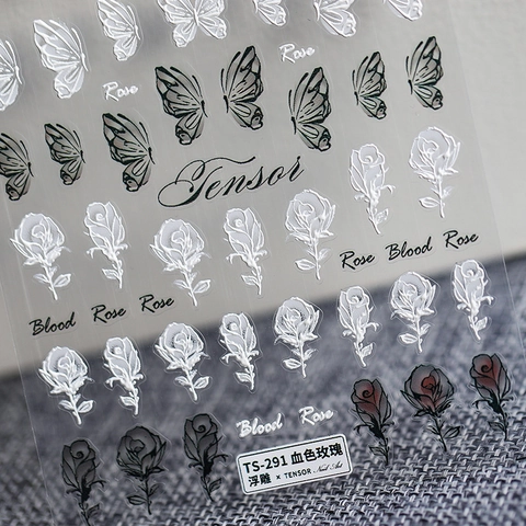Autocollants Pour Ongles En Relief 5D Rose Sanglante Papillon Décalcomanies Auto-Adhésives Décoration De Manucure