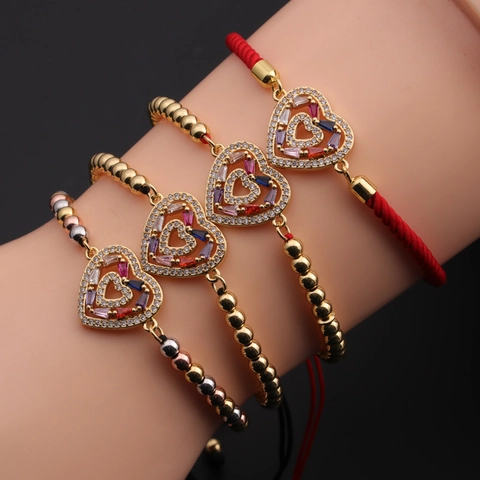 Colorful Cubic Zirconia Heart Charm Bracelet Copper Adjustable Braided Rope Jewelry Romantic Gift For Women