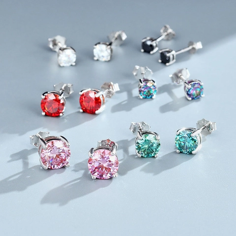 Moissanite Stud Earrings 925 Sterling Silver Round Cut Four Prong Colorful Sparkly Elegant Jewelry Unisex