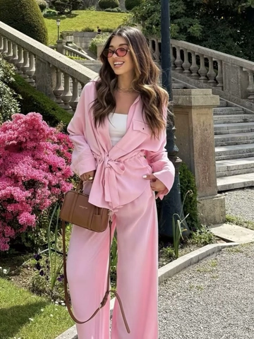 Women Long Sleeve Lapel Shirt And Wide Leg Pants Outfit Solid Color Waist Tie Streetwear Casual Fashionable