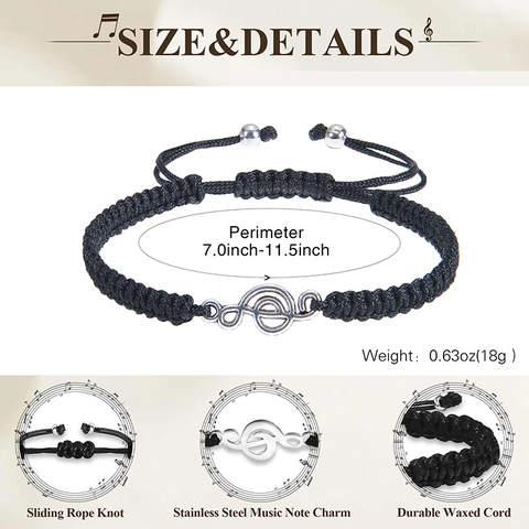 Music Note Bracelet Adjustable Woven Rope Natural Stone Treble Clef Charm Musical Jewelry Gift For Music Lovers