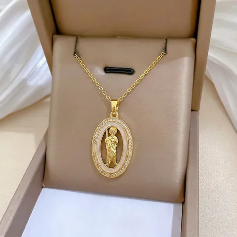 St Jude Portrait Oval Shell Necklace With Stainless Steel Chain Copper And Cubic Zirconia Elegant Religious Jewelry For Women